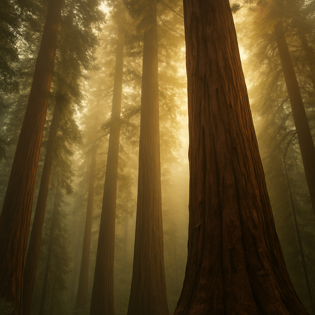 Bosque de sequoias gigantes vistas desde abajo hacia el dosel