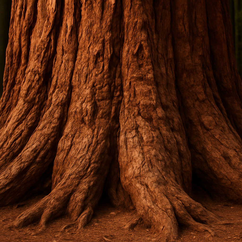 Detalle de la corteza y raíces de un tronco de sequoia